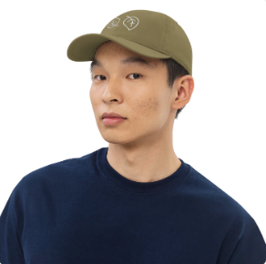 Gentlemen wearing an olive colored hat with leaf embroidery. Sustainable fashion brand selling 100% organic cotton baseball caps. 