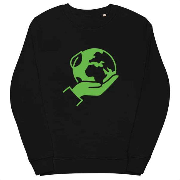 A black, organic cotton sweatshirt with a graphic on the front. This graphic is a hand holding an Earth with a leaf on the top left-hand corner. The graphic is green. SCAL is a small, LGBTQ-owned sustainable fashion brand. 